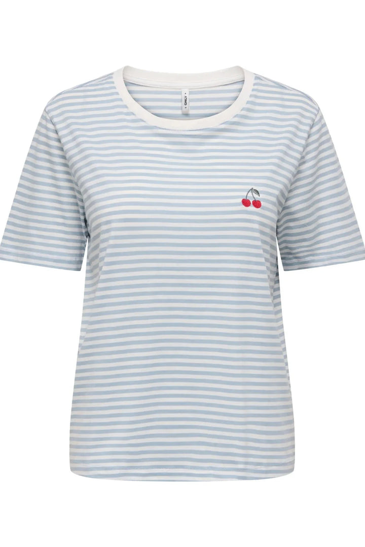 Only - Onlhappy Life S/S Emb Top - 5030049 Cloud Dancer Soft Chambray + Cherry T-shirts 