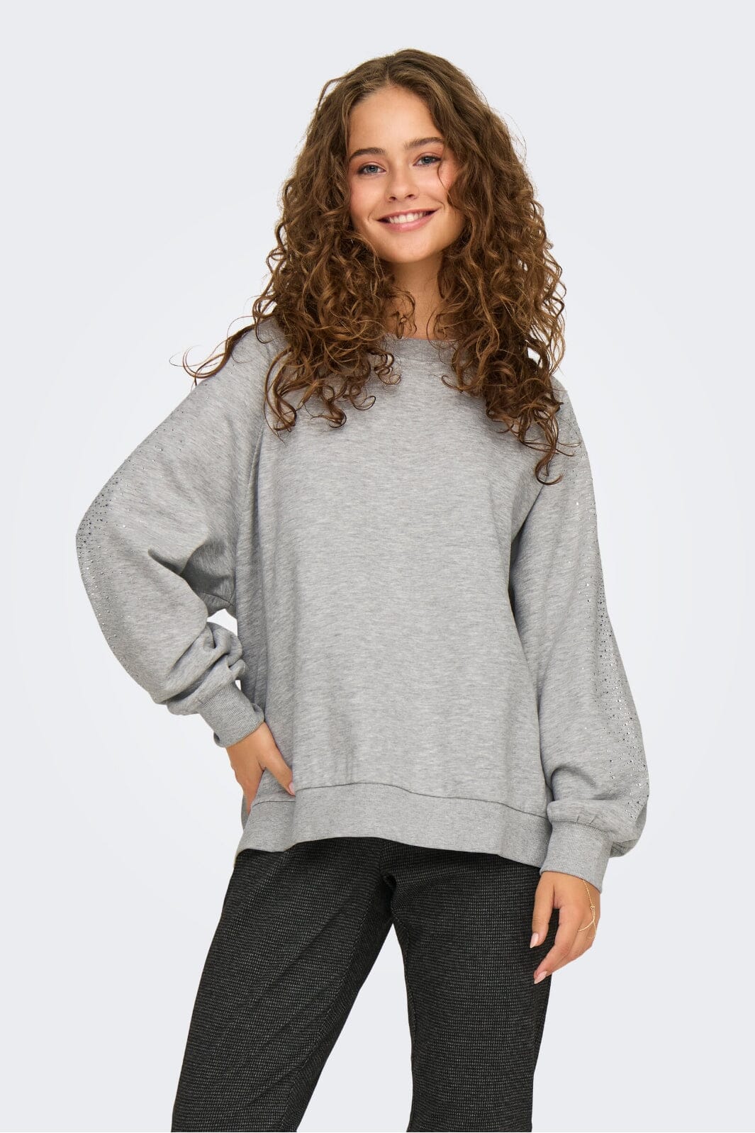 Only - Onlzenna L/S Oversize Stone Swt - 4728633 Light Grey Melange Silver Rhinestones
